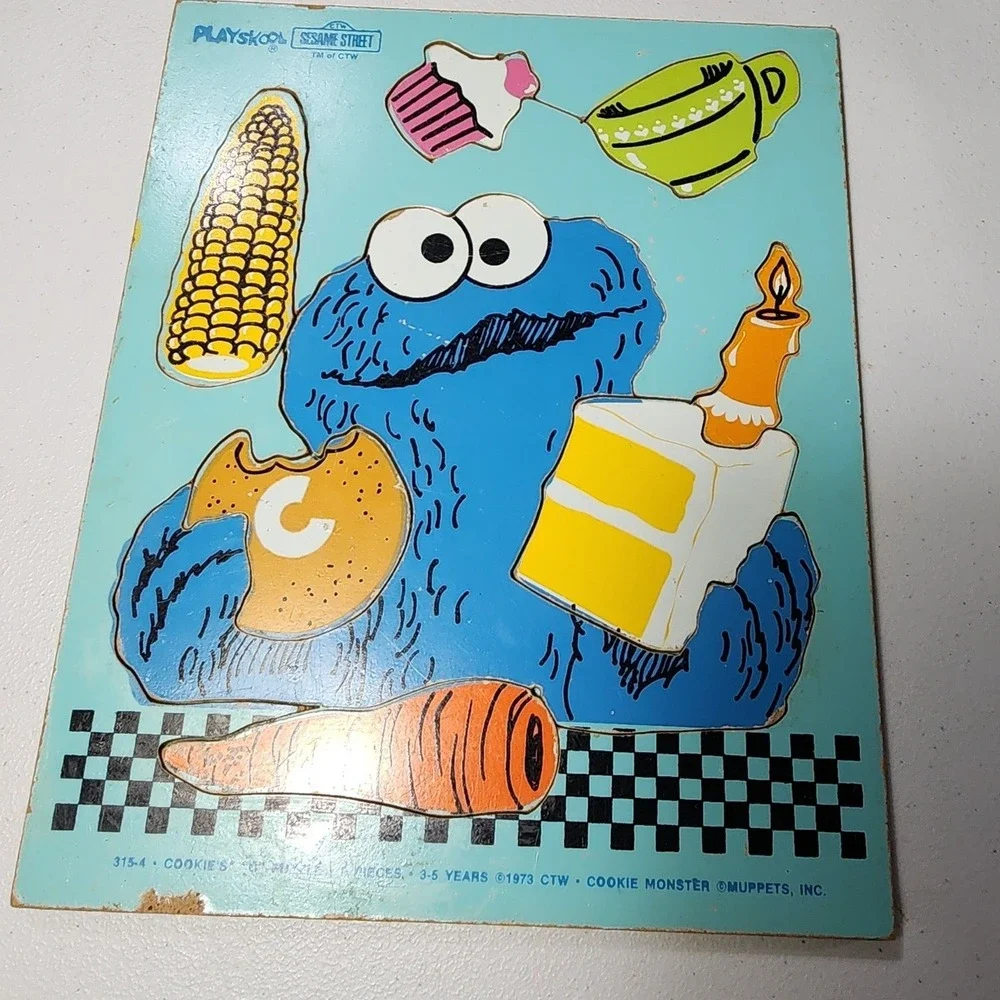 Vintage 1973 Playskool Sesame Street Cookie Monster C Wood Tray Puzzle 315-4